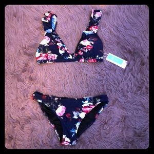 Floral two-piece bathing suit.